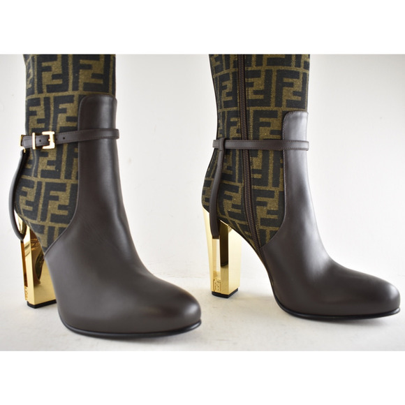 Fendi 105mm Traced Brown Leather Monogram FF Logo Motif Knee High Heel Boot 37 - Picture 5 of 16